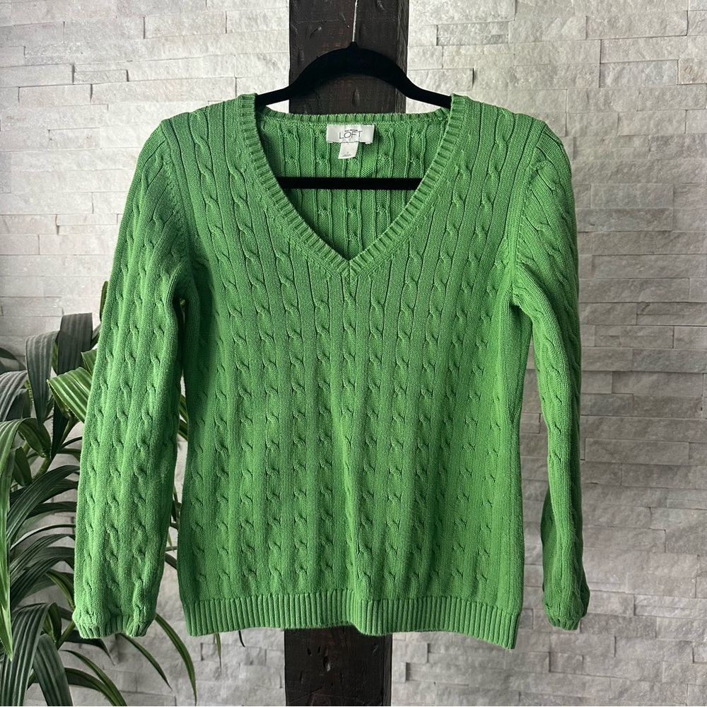 LOFT Kelly Green Ribbed cableKnit preppy fisherman Sweater Size Small